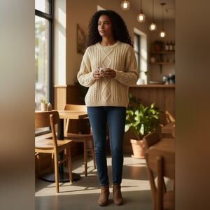 Hand Knit By Cora Brinkerhoff  Chunky‎ Ivory Long Sleeve Crew Neck Sweater LG